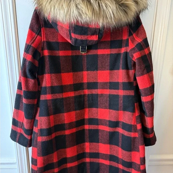 L.L. Bean Red and Black Plaid Wool Parka with Faux Fur Hood - Picture 6 of 10